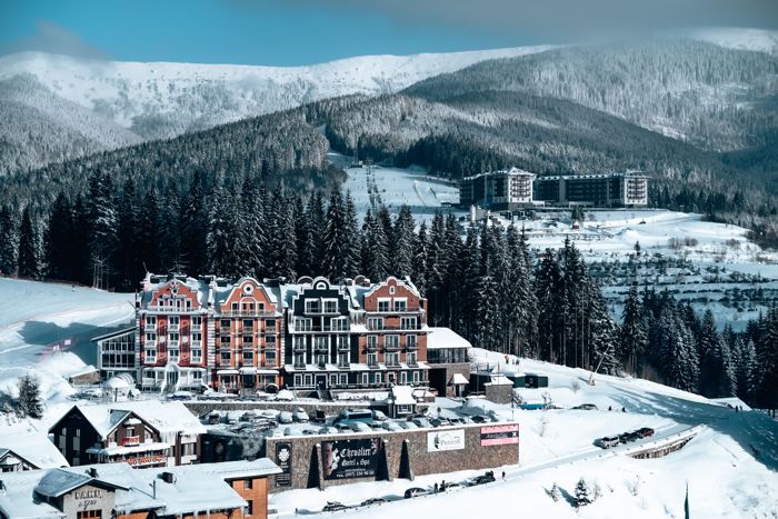 Mountain resort in the snow