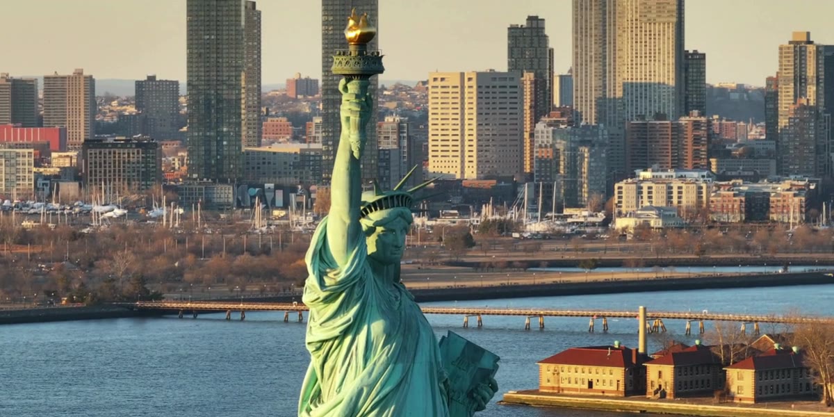 City skyline with American flag