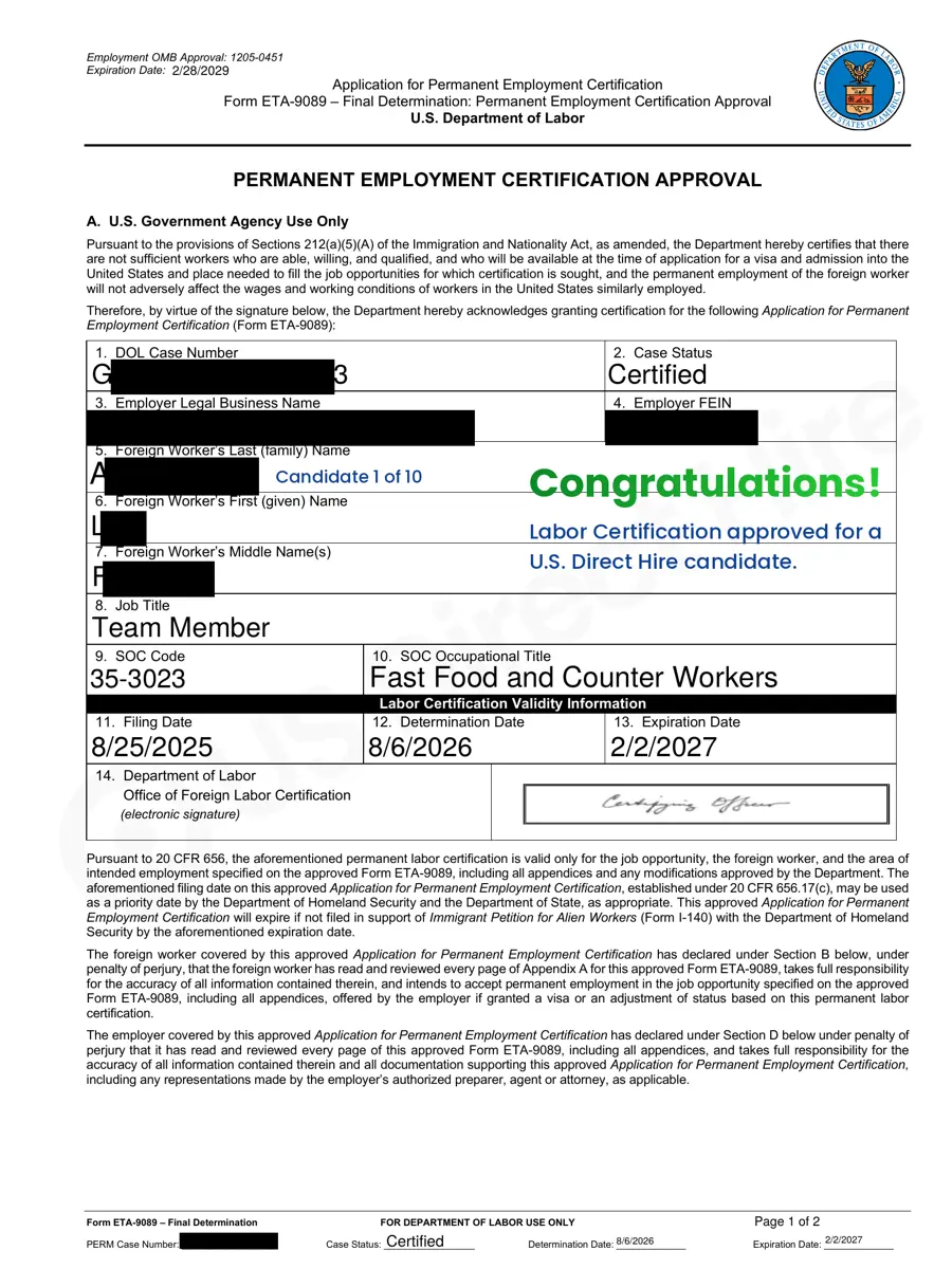 Redacted labor certification approval for a USDH candidate, status Certified