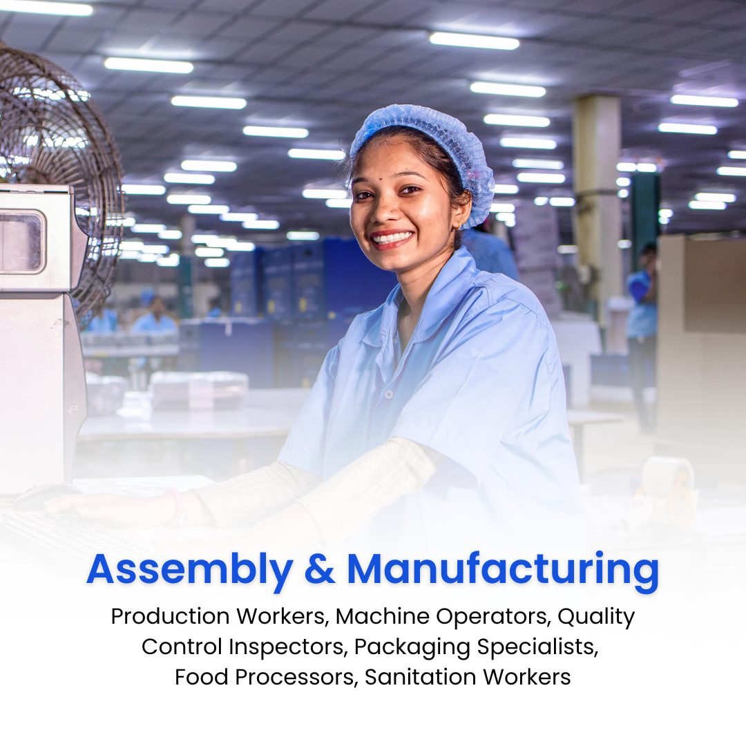 Assembly & Manufacturing: Production Workers, Machine Operators, Quality Control Inspectors, Packaging Specialists, Food Processors, Sanitation Workers
