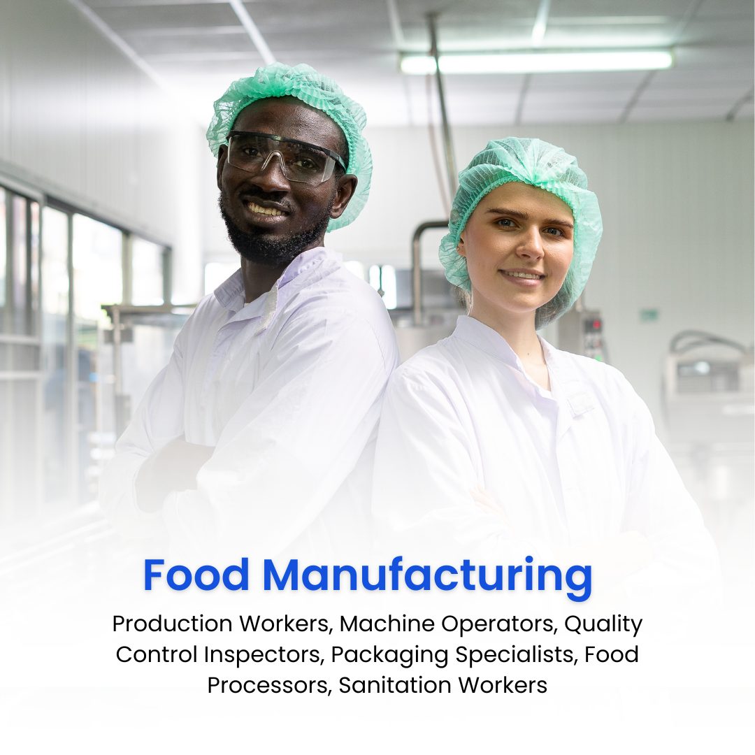 Food Manufacturing: Production Workers, Machine Operators, Quality Control Inspectors, Packaging Specialists, Food Processors, Sanitation Workers