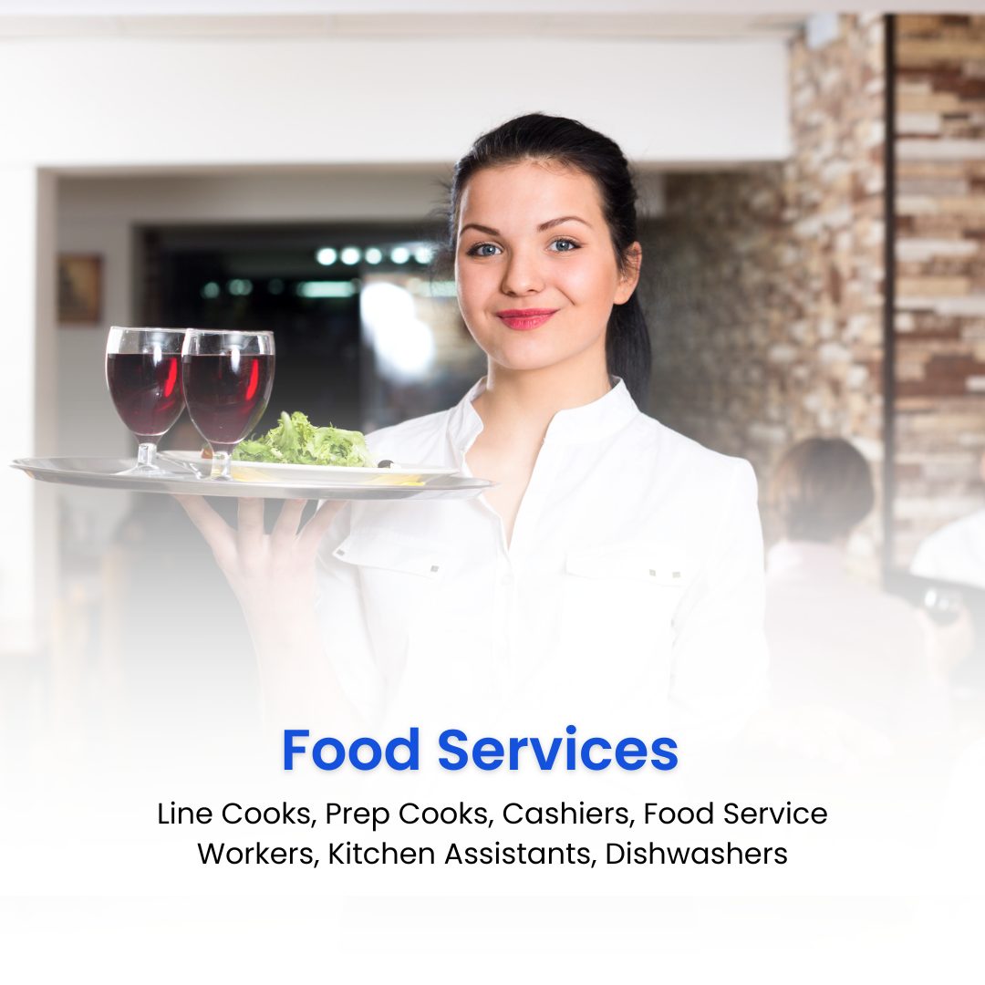 Food Services: Line Cooks, Prep Cooks, Cashiers, Food Service Workers, Kitchen Assistants, Dishwashers