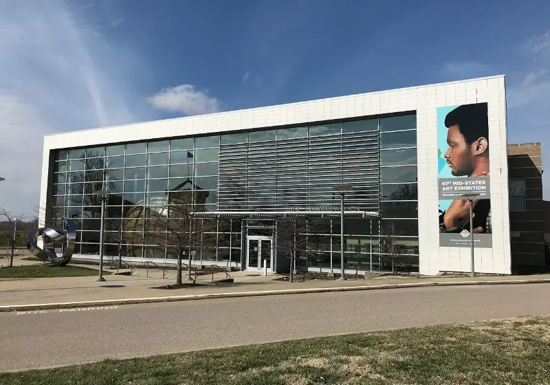 The glass front of the Evansville Museum