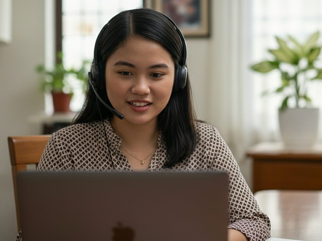 Remote professional working with a headset at a laptop