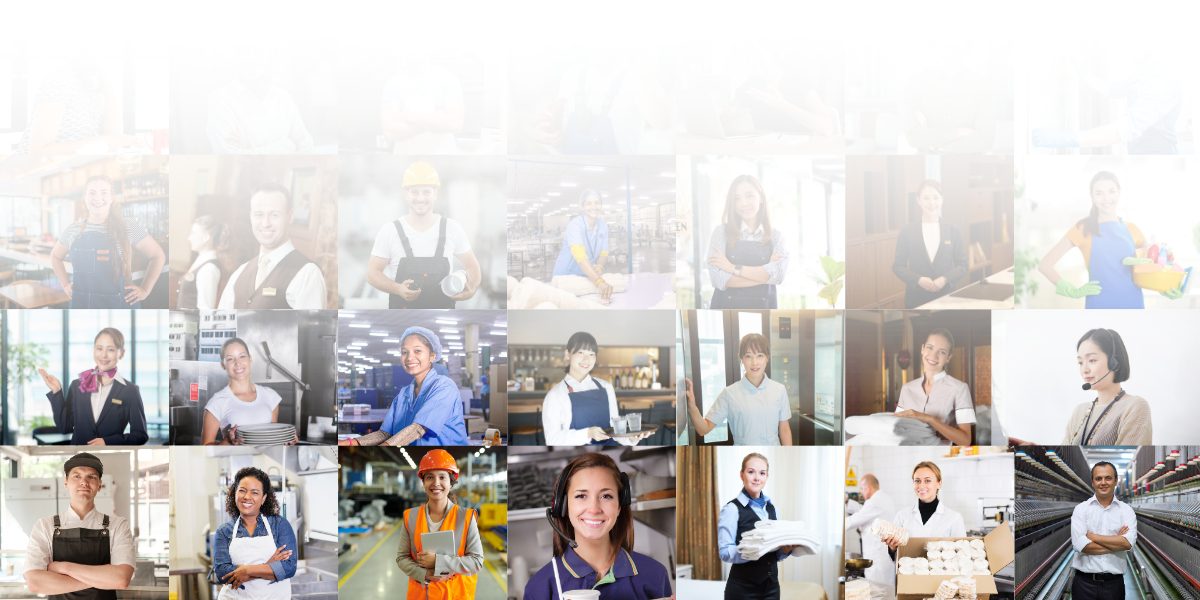 Collage of U.S. Direct Hire workers across hospitality, food service, warehouse, and support roles