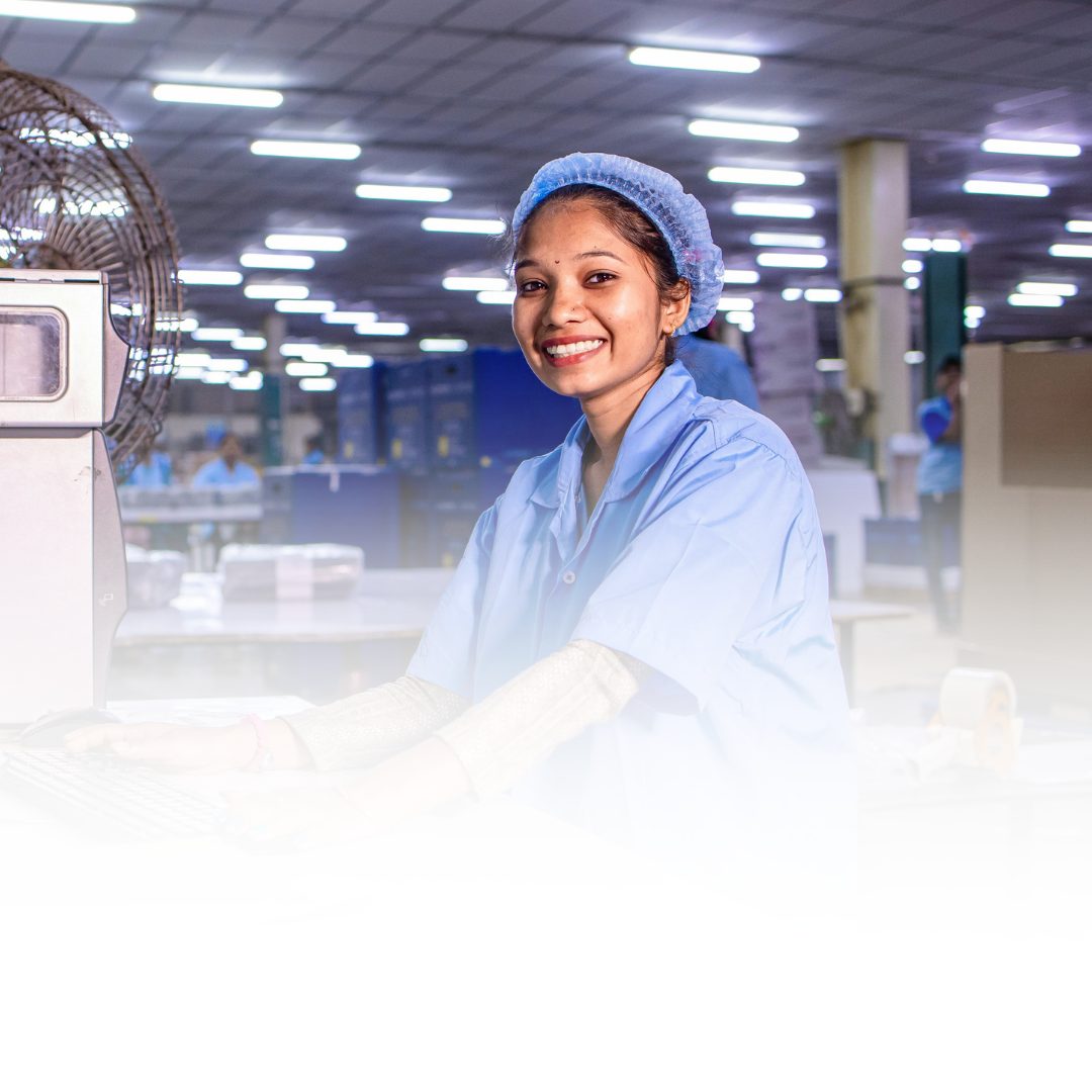 EB-3 worker smiling on a production line